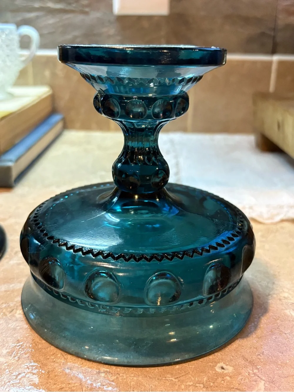 Vintage Indiana Glass Teal Thumbprint Covered Pedestal Candy Dish